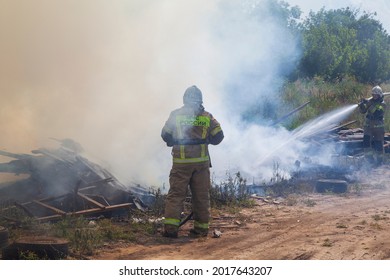 A fire at a construction dump, a fire brigade of the Ministry of Emergency Situations localizes the place of fire, Russia, Rostov-on-Don, August 1, 2021.