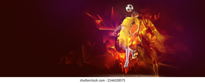 Fire. Creative Artwork With Soccer, Football Player In Motion And Action With Ball On Dark Background With Polygonal And Fluid Neon Elements. Concept Of Art, Creativity, Sport, Energy And Power