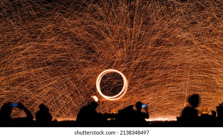 Fire Dancers Show Swing Dancing Show Fire With Flame Show On The Beach Dance Man Juggling With Fire , Koh Samui Thailand.Festival Night Life, Traveller Live Streaming In Activity Dance Fire Night Life