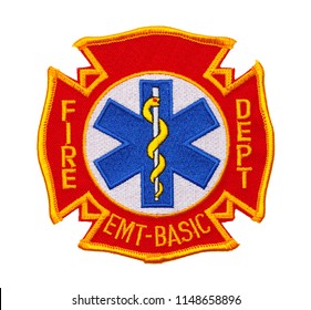 Fire Department Cross With EMT Symbol Patch Isolated On White.