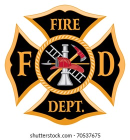 Fire Department Maltese Cross Symbol is an illustration. Contains an image of a firefighter helmet, hook, ladder, nozzle and axe.