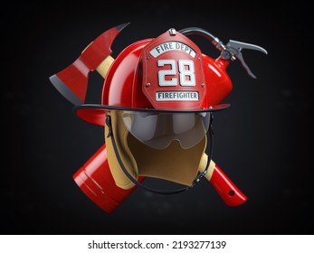 Fire Deprtment Emblem. Firefighter badge on a helmet with fire extinguisher and axe. 3d illustration