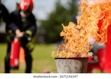 Fire Drill Training. Firefighters practice controlling an outdoor fire with extinguishers