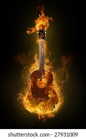 Fire electric guitar on background