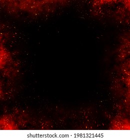 Fire Embers Border Over Black Background. Fire Sparks Background. Abstract Dark Glitter Fire Particles Lights. Bonfire In Motion Blur. Flame Border,