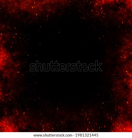 Fire embers border over black background. Fire sparks background. Abstract dark glitter fire particles lights. bonfire in motion blur. Flame Border,