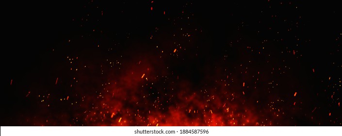 Частицы огненных углей на черном фоне. Фон огненных искр. Абстрактные темные огненные частицы блеска огня. костер в размытии движения.