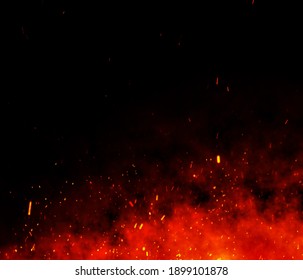 Fire embers particles over black background  Fire sparks background  Abstract dark glitter fire particles lights  bonfire in motion blur 