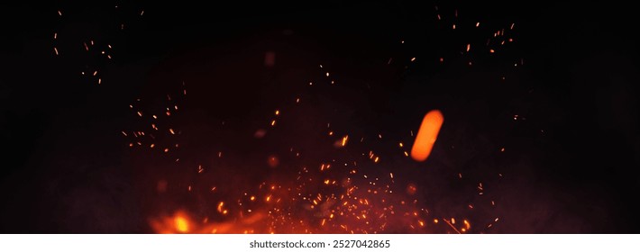 Fire embers particles over black panorama background. Fire burn sparks background. Abstract dark glitter fire particles lights.  - Powered by Shutterstock