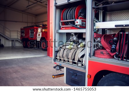 Fire engine with equipment stay in the fire department and ready for challenge 