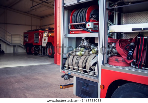 Fire engine with equipment stay in the fire\
department and ready for challenge\
