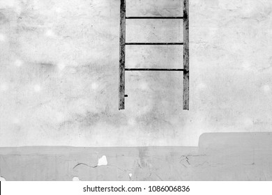 Fire Escape Ledder On Cement Wall In Black And White. Urban Background And Texture.