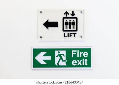 Fire Exit Sign And Elevator Sign - On White Background.