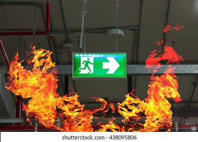 Fire exits in car park area and frame of fire burn.