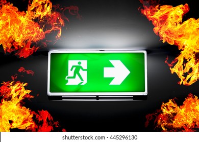 Fire exits in car park area and frame of fire burn.
