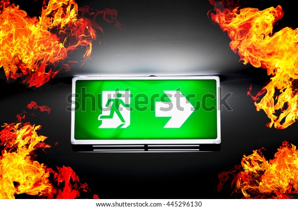 Fire exits\
in car park area and frame of fire\
burn.