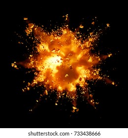fire explosion with debris against black background