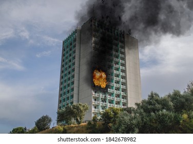 Fire - explosion in the hotel room. Images captured from the outside. Building on fire.