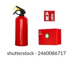 fire extinguisher, first aid kit and safety sign isolated on white background