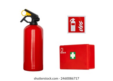 fire extinguisher, first aid kit and safety sign isolated on white background