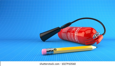 Fire extinguisher on blueprint background. 3d illustration