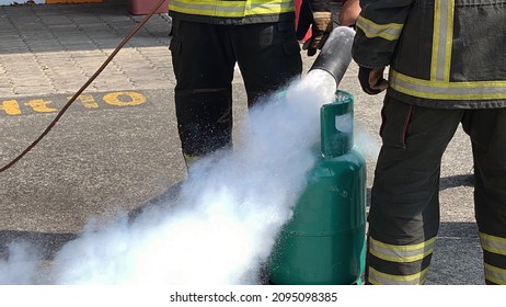 Fire Extinguisher Training, Fire Fighting Foam At The Gas Cylinder, Concept Of Fire Fighting Training.