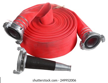 Fire Fighter Industry, Red Fire Hose Winder Roll  Reels, Fire Fighting Hose Are Used For High Pressure Water Spraying, With Aluminum Nozzle And Connecting Coupler, Isolated Object On White Background.