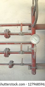 Fire Fighting System Red Pipe Have Manual Valves And Pressure Gauge To Storage Tank In Factory