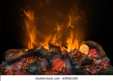 Fire Flame Burning Coal And Wood In Fireplace 