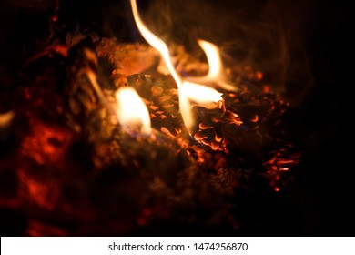 Fire flame close-up in the dark. Orange flames of a camp fire, embers and cones in the fire - Shutterstock ID 1474256870