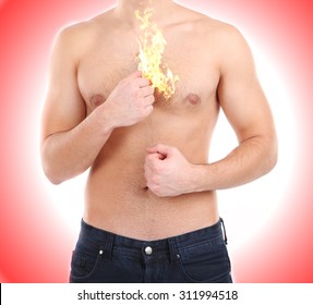 Fire Flame On Man's Body, Heartburn Concept