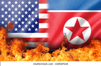 Fire Flame On Us And North Korea  Flag