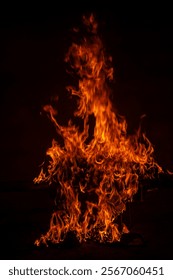 Fire and flames for background. Bright flames background. Texture of fire on a black background. Burning red fire. Large fire in the night