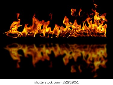 fire flames background with reflection on a black 