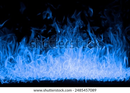 Fire flames. Hellflame, devil's mouth. fire banner. A background of scalding blue flames. Firestorm. Fire burning. Bright burning flames on a black background