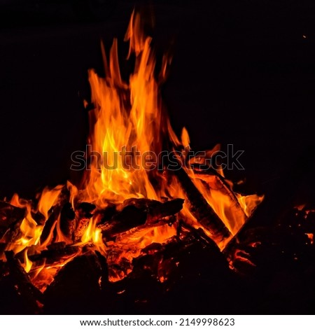 Fire flames on black background, Blaze fire flame texture background, Beautifully, the fire is burning, Fire flames with wood and cow dung bonfire
