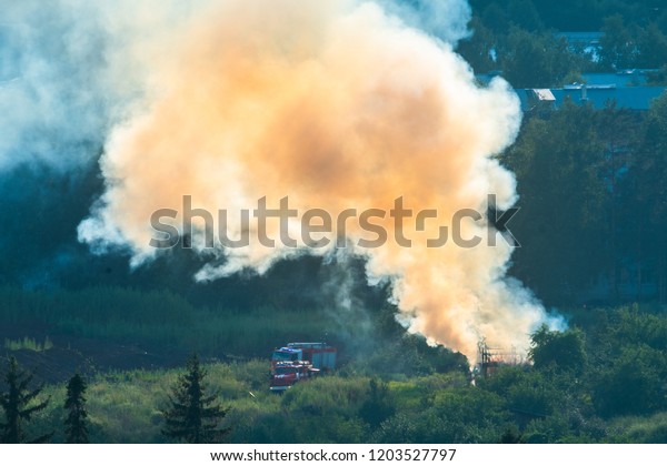 Fire in the forest with smoke close to a city and\
fire trucks