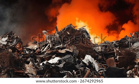 Fire at garbage dump, burning pollutes the environment. Ecological catastrophe and destruction of nature