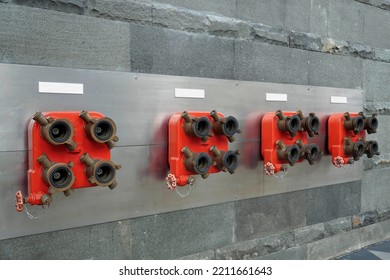 Fire Hose Nozzle Equipment At Public Area.