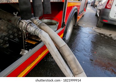 Fire Hoses At A Fire Engine, High Water Pressure