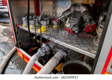 Fire Hoses At A Fire Engine, High Water Pressure