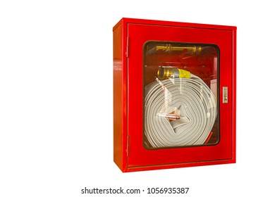 Fire hoses packed inside of red emergency box  isolated on  white background with clipping path.