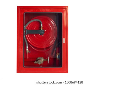 Fire hoses packed inside of red emergency box isolated on white background with clipping path.
