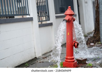 Fire hydrant being flushed by for maintenance. Fire hydrant leaking. - Shutterstock ID 2184369699