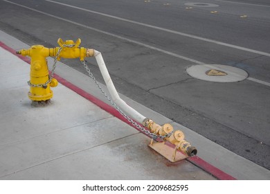 Fire Hydrant With Extension Hose And Valves On A Red Curb