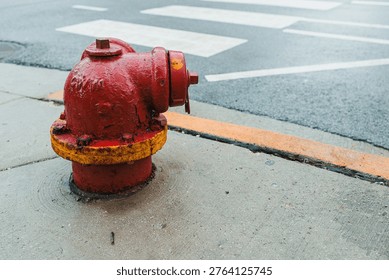 A fire hydrant is placed on the sidewalk near a street crossing. The pavement is wet from recent rain. The setting shows elements of a busy city environment.