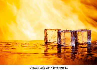 Fire And Ice Cubes On A Black Background, Place Under The Text