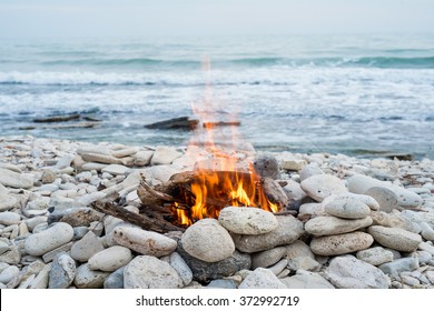 Fire On The Beach - Selective Focus, Copy Space