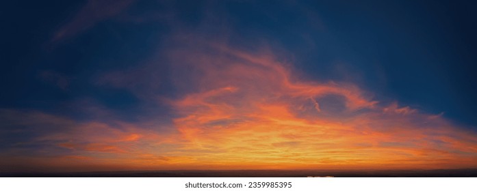 Fire on the sky: Aerial, long panoramic view of colorful, orange and red colored streakes of cirrus clouds on deep blue evening sky.  Ideal for sky replacement projects, no obstacles in the front.  - Powered by Shutterstock