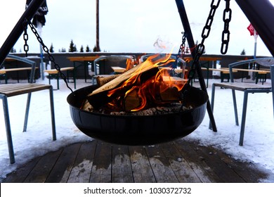 Fire Pit At Alpine Ski Cafe In Hafjell, Norway